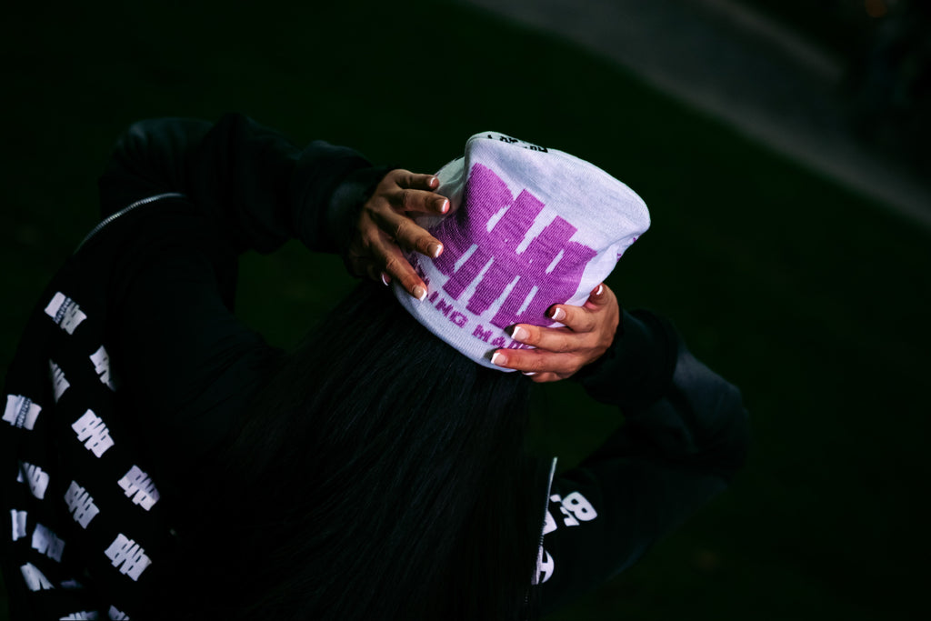 WHITE & PURPLE BEANIE